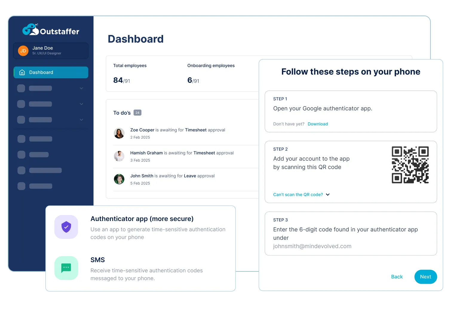 Outstaffer platform dashboard and security settings screens