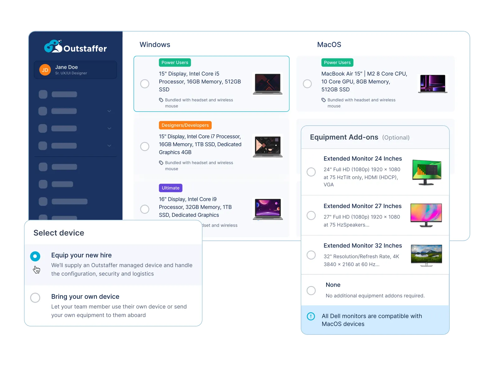 Outstaffer platform screens for ordering and managing employee devices