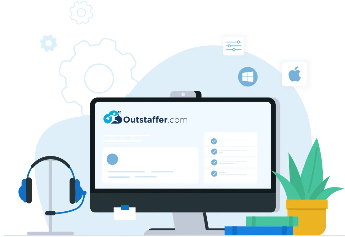 Laptop, headset and monitor showing the Outstaffer platform