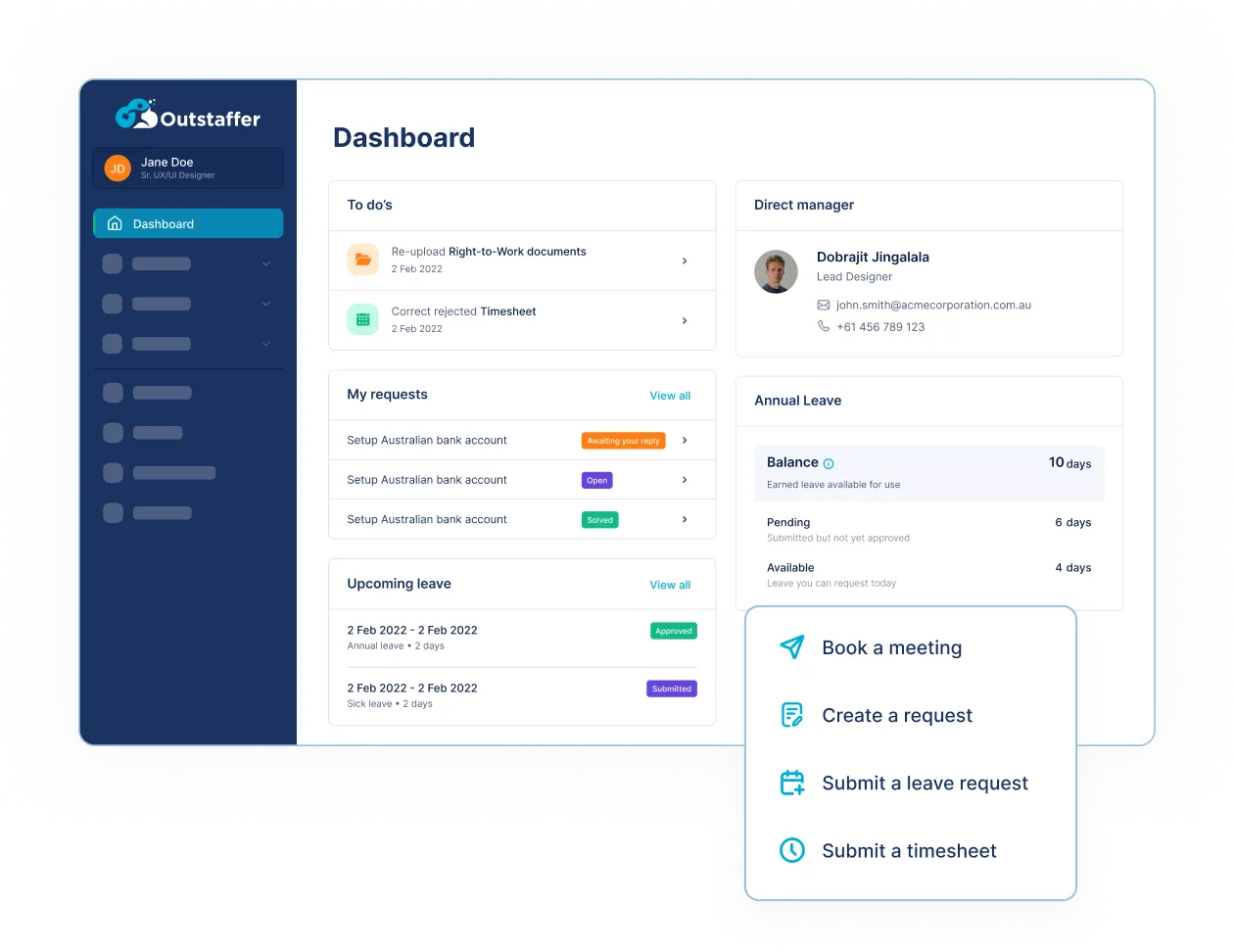 Outstaffer employee dashboard with to-dos, requests, upcoming leave and leave balance