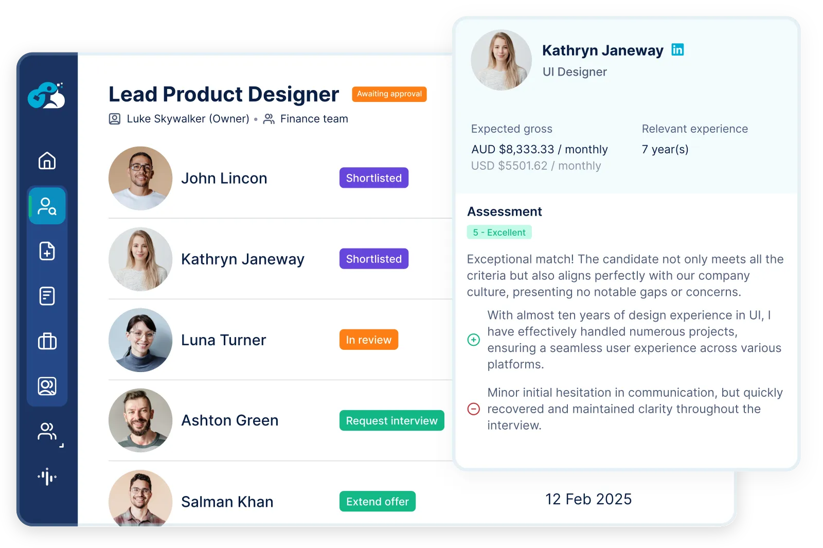 Outstaffer platform: a Lead Product Designer role with a ranked, recruiter-validated candidate shortlist and an AI assessment card