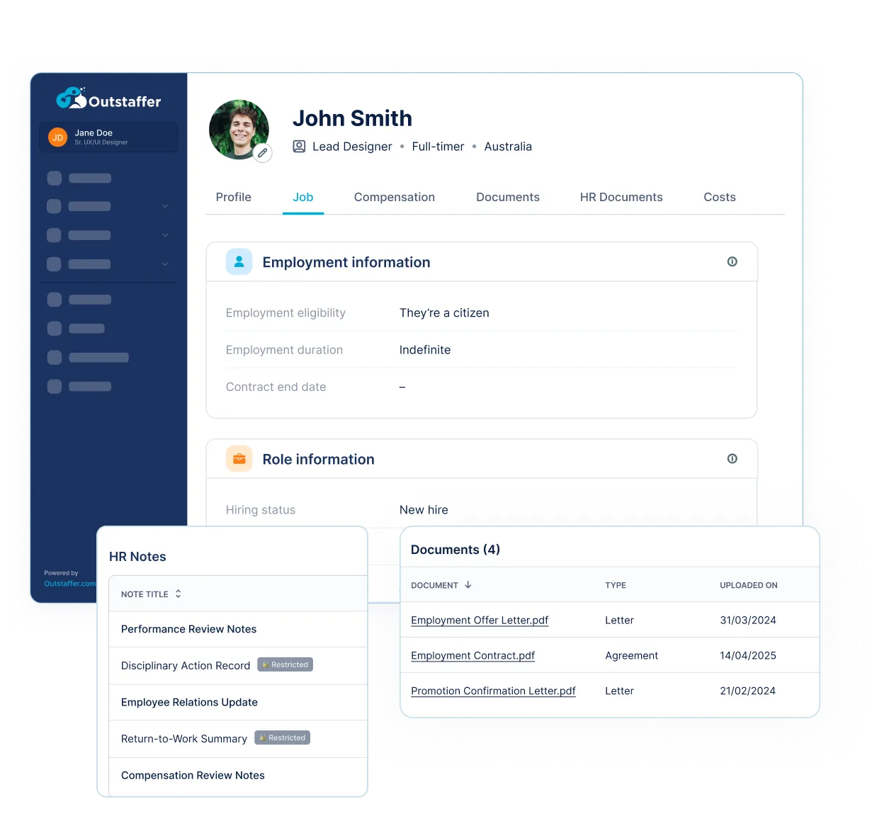 Employee management: employee profile with contract, changes and documents