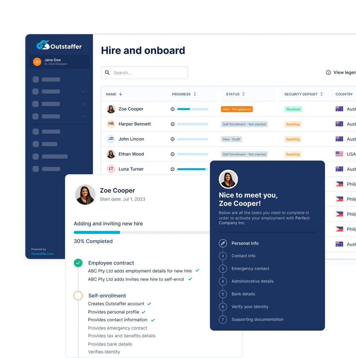 Hiring and onboarding flow in the Outstaffer platform