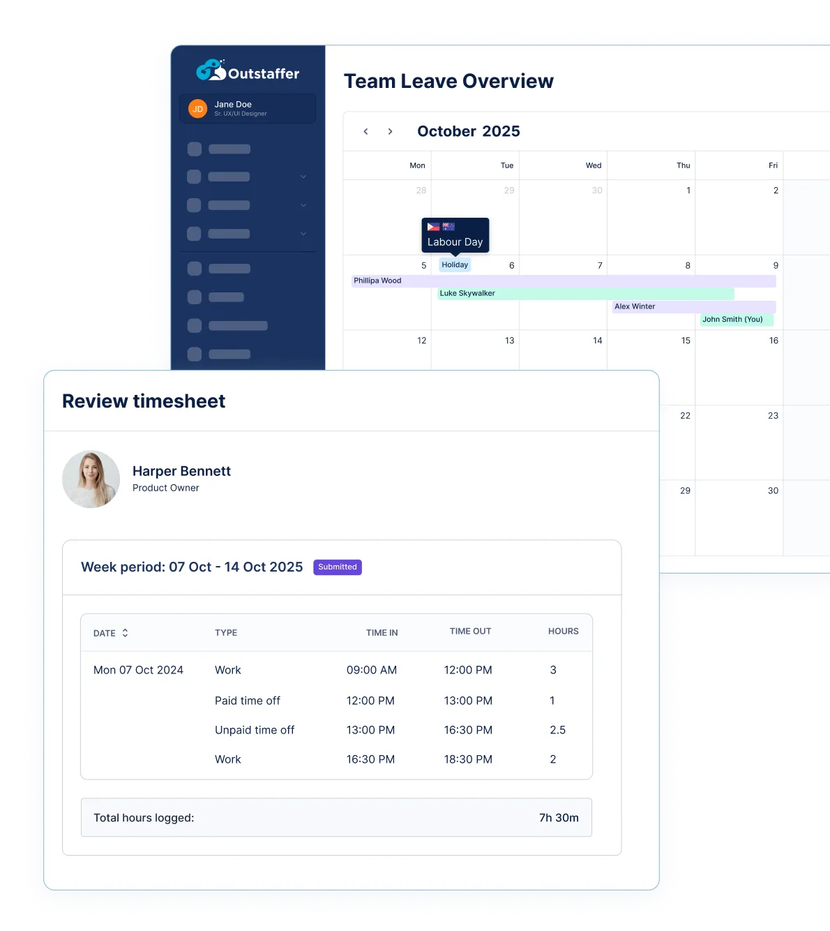 Timesheets and leave management in the Outstaffer platform