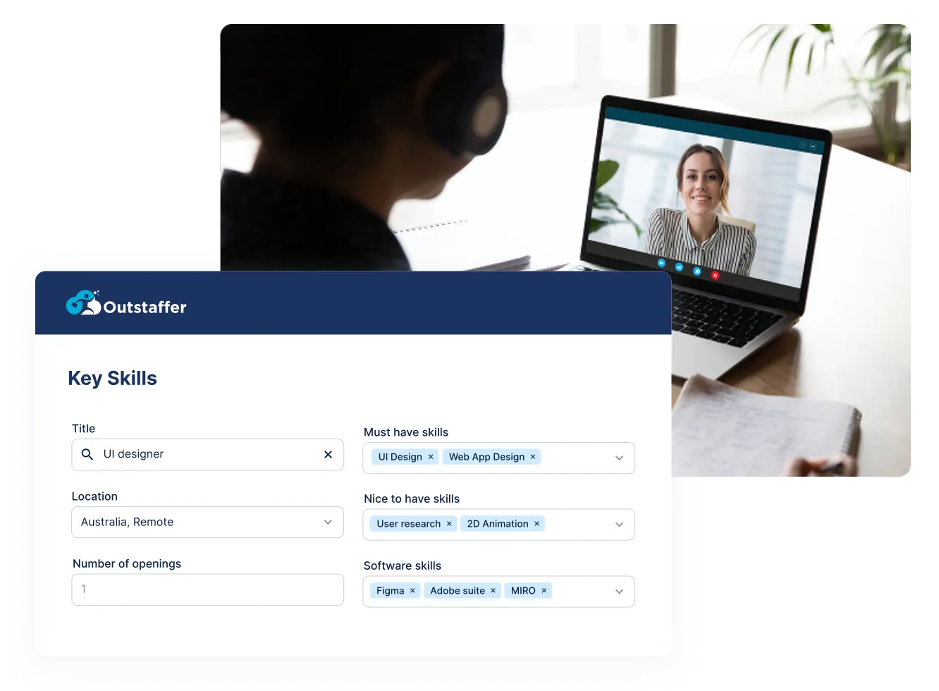 Outstaffer platform: key skills setup for a role, with a recruiter on a video call