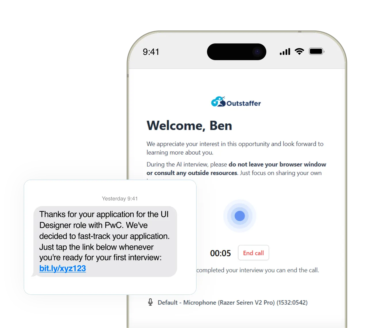 A candidate receives an interview invite by text and joins an AI-led interview call on their phone