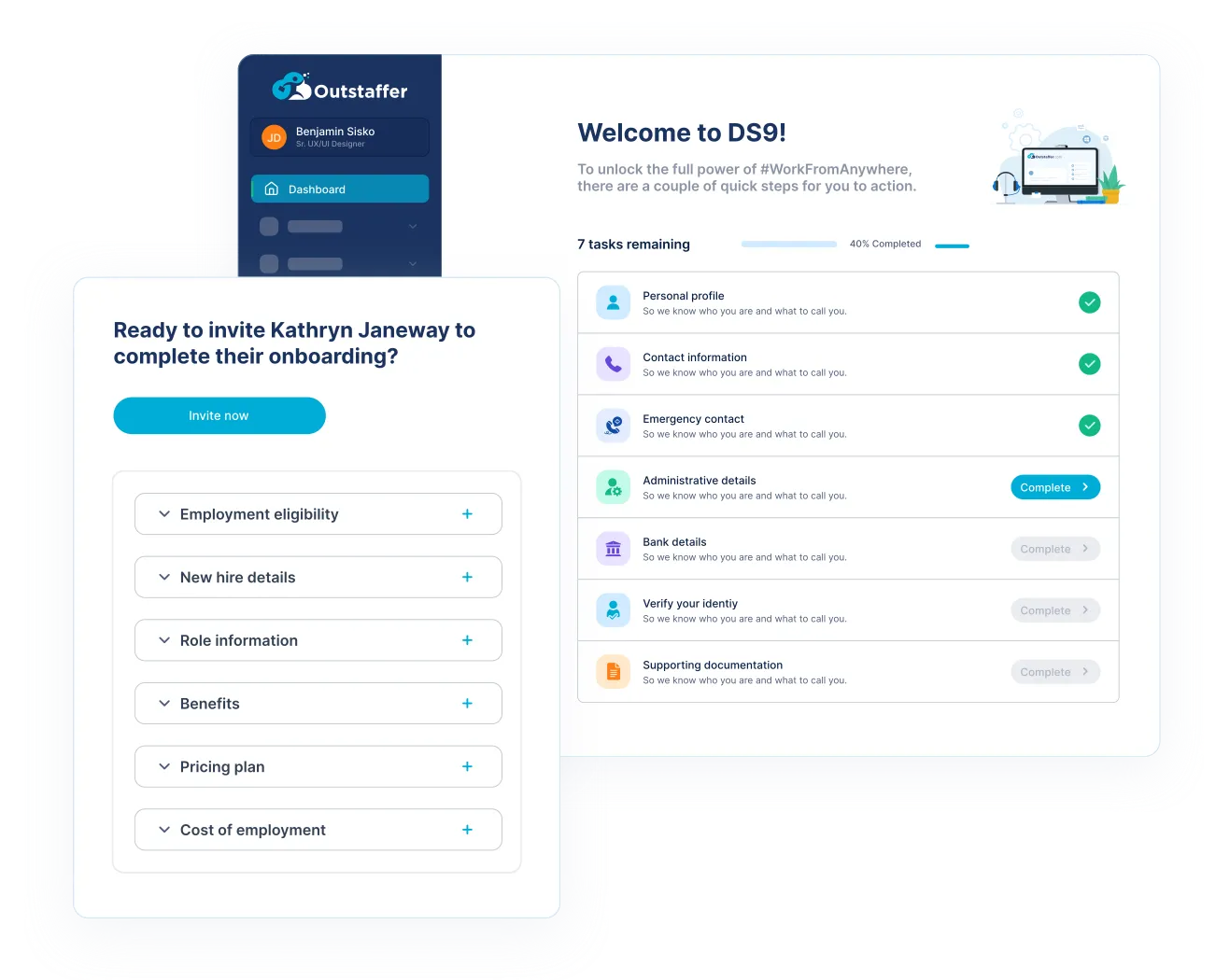 Outstaffer platform: onboarding invite and employee welcome checklist
