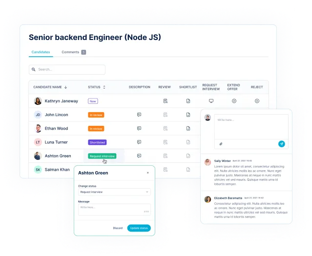 Outstaffer platform: candidate list for a Senior backend Engineer role with recruiter messages