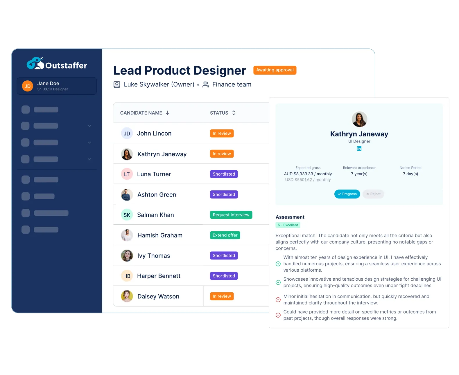 Outstaffer platform: Lead Product Designer role with a ranked candidate shortlist and a candidate profile