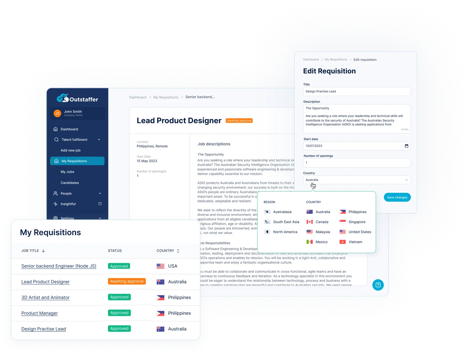 Outstaffer platform: job requisition editor and My Requisitions list