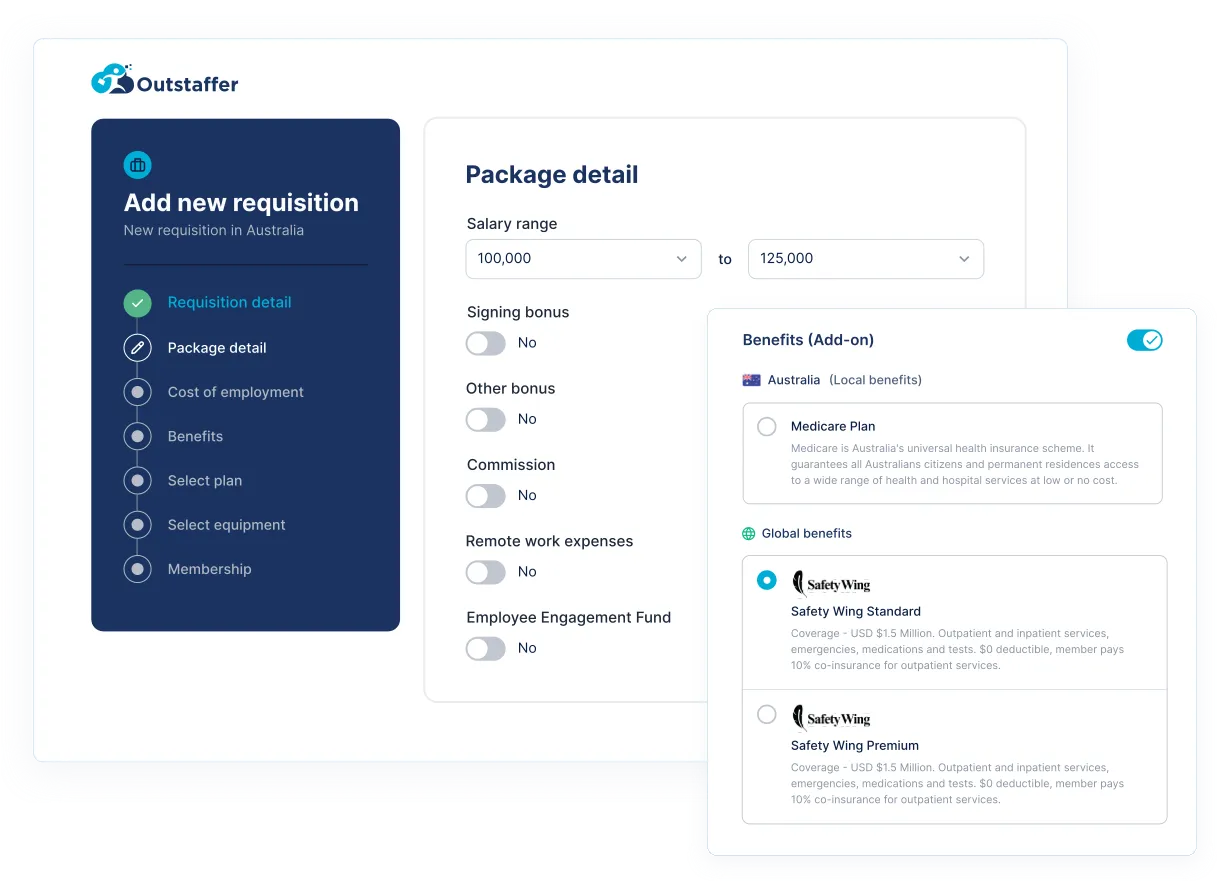 Outstaffer platform: add new requisition with package details and benefits