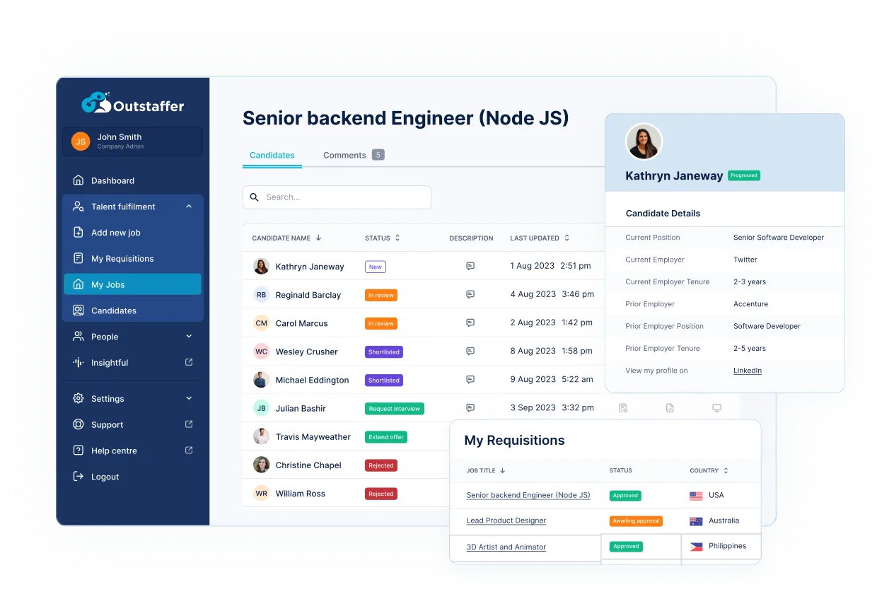 Outstaffer platform: candidate list and candidate profile for a Senior backend Engineer role