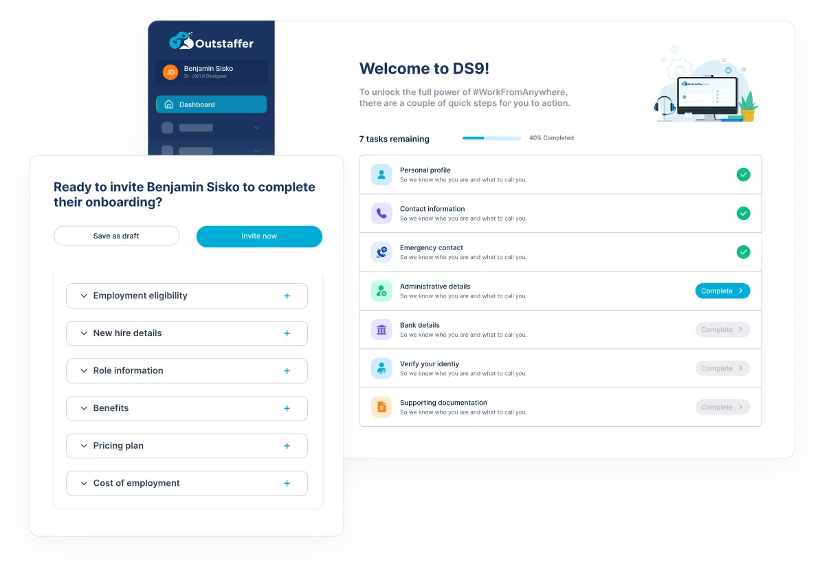 Outstaffer platform: employee onboarding welcome screen and checklist